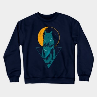 Classy and Minimalist Double Exposure WOLF and OWL Teal and Orange Moon Night Pine Trees Forest Illustration Crewneck Sweatshirt